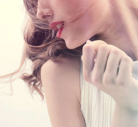 beauty portrait of woman red lips and hairの写真素材