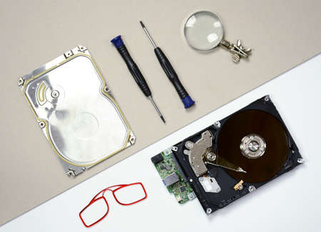 flat lay - hard disk repair accessoriesの写真素材