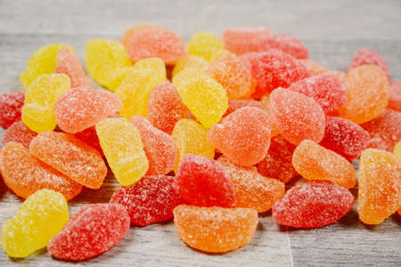 Gummy Bear Candy Colorful Background on woodの写真素材