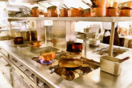 Digital art Painting - old copper pots in kitchen restaurant