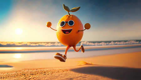 orange funny character running on the sunny beach, summer vibeの素材