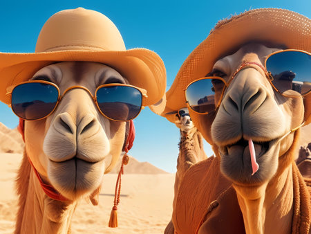 happy camels smiling taking selfie-summer vibes vacationの素材
