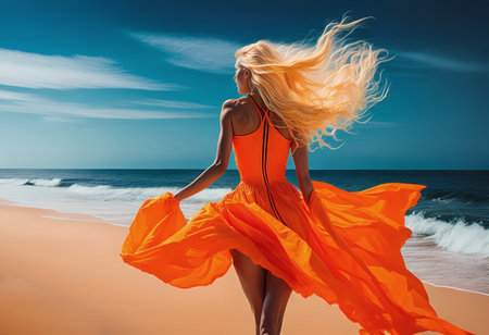 fashion blonde in fluorescent dress walking on the sunny beachの素材