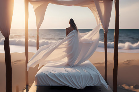 white minimalistic canopy bed with girl - slow livingの素材