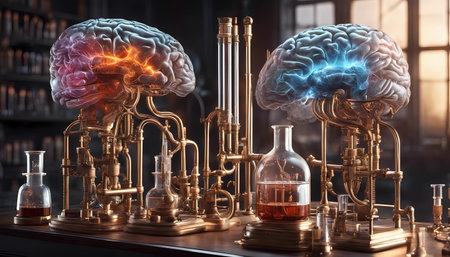 abstract two stylized brains on a table linked with sparks and intricate glass tubes - relationship conceptの素材