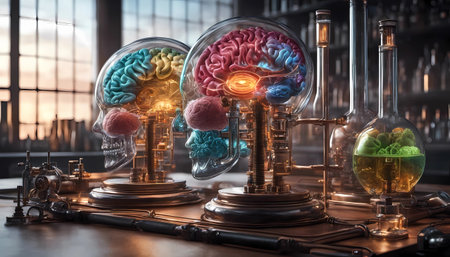 abstract two stylized brains on a table linked with sparks and intricate glass tubes - relationship conceptの素材
