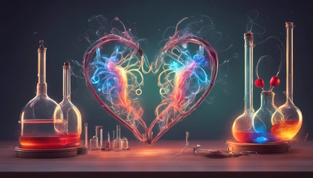 abstract two stylized,hearts on a table linked with sparks and intricate glass tubes - relationship conceptの素材