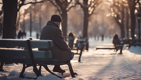 only old man and old woman on a bench in the city winter park - conceptの素材