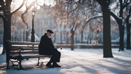 only old man and old woman on a bench in the city winter park - conceptの素材
