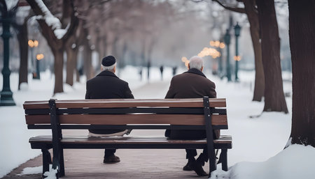 only old man and old woman on a bench in the city winter park - conceptの素材