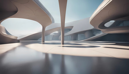3d render of abstract futuristic architecture with empty concrete floor - copy spaceの素材
