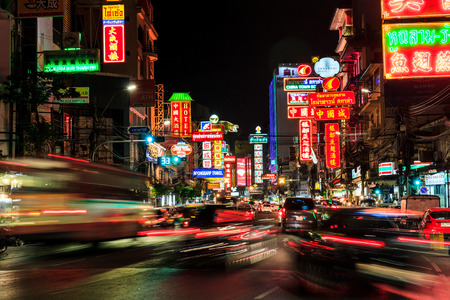 BANGKOK THAILAND - MAY 4 : China Town  at night long exposure of car light on may 4 , 2015 in Bangkok Thailandのeditorial素材
