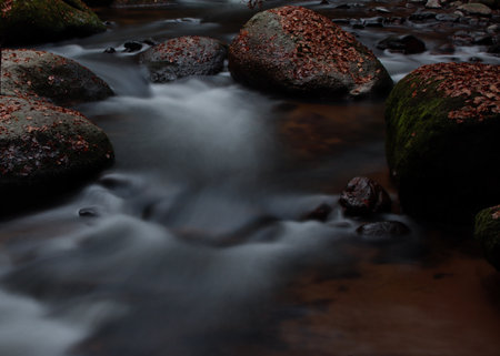 Long exposure of water flowing over rocks in a stream in a forest