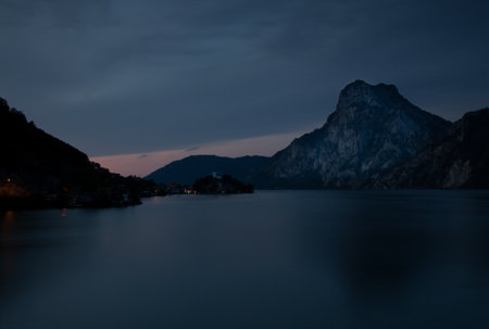 Lake Traunsee at night, Austria. Long exposure shot with long exposure.の写真素材
