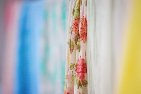 Closeup of colorful, spring, cotton blured, scarves. Vintage, backgrounds for cards.の写真素材
