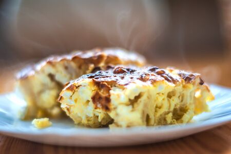 Freshly baked milk homemade pie with eggs and cheese.の写真素材