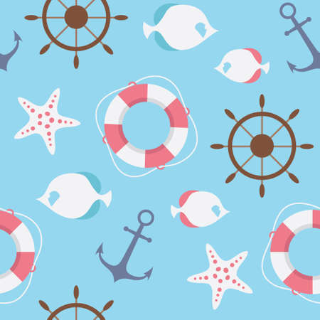 seamless pattern with starfish, fish, anchor and helmのイラスト素材
