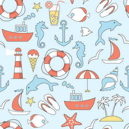 vector seamless pattern with flat sea, marine line iconsのイラスト素材