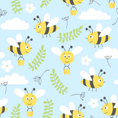 seamless vector pattern with cute  bees, clouds,  flowersのイラスト素材