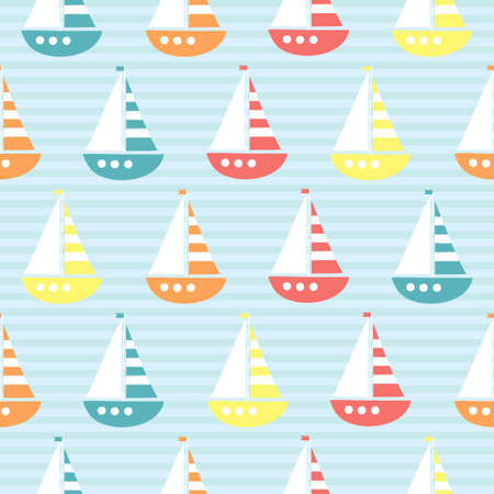 vector seamless sea pattern with cute cartoon shipのイラスト素材
