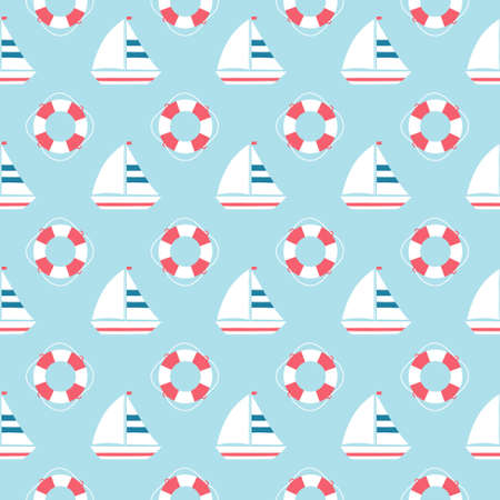 Vector seamless nau6tical pattern with sailng ship and lifebuoy. Marine backgroundのイラスト素材