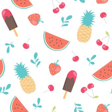 vector seamless cute cartoon summer pattern with watermelon, pineapple, cherry, ice cream, leaves...