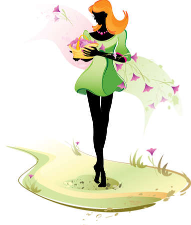 The beautiful fashionable girl with flowers. Background wiht grunge.のイラスト素材