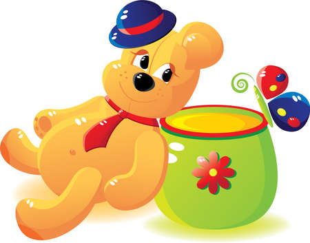 Cheerful bear cub with honey and the butterfly. Bear cub in a hat and a tie. Cartoon stile. Without a transparency. のイラスト素材