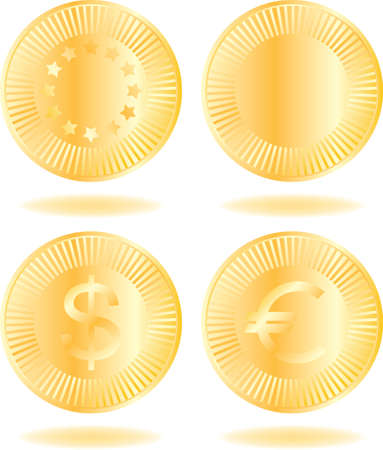 Golden coins set. Various variants of design. Isolated on a white background. All parts (object) closed, possibility to edit.のイラスト素材