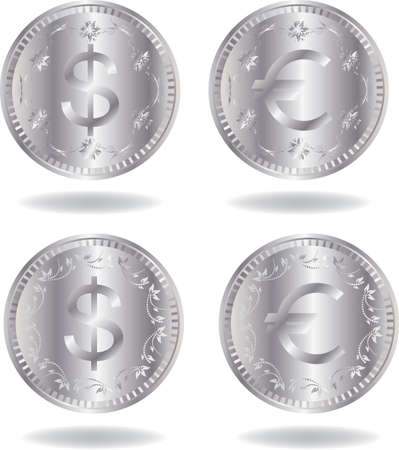 Silver coins set. Various variants of design. Isolated on a white background. All parts (object) closed, possibility to edit.のイラスト素材