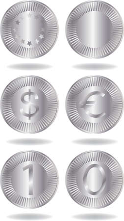 Silver coins set. Various variants of design. Isolated on a white background. All parts (object) closed, possibility to edit.のイラスト素材
