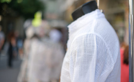 White summer clothes made from natural fabrics at street markets in tourist Provence, France. Natural aesthetic of the region.の写真素材