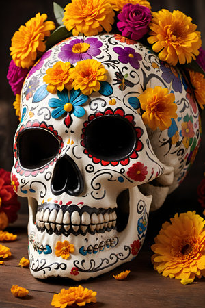 Day of the Dead sugar skull with flowers. Mexican holiday background.の素材