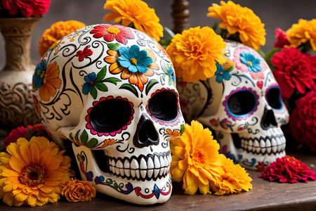 Day of the Dead Sugar Skulls with Marigold Flowers.の素材
