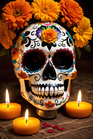 Day of the Dead sugar skull with flowers and candles on dark backgroundの素材