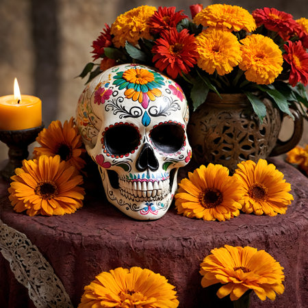 Day of the Dead Sugar Skull Decorated with Marigold Flowersの素材