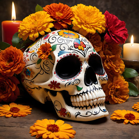 Day of the Dead sugar skull with marigold flowers and candlesの素材