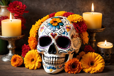 Day of the Dead Sugar Skull with calendula flowers and candlesの素材