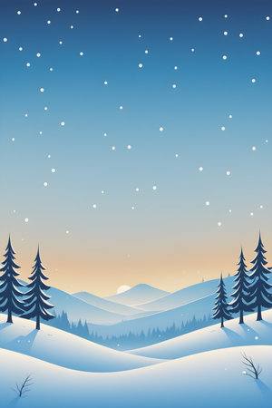 Winter landscape with fir trees, mountains and snowflakes. Vector illustration.の素材