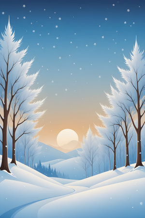 Winter landscape with snow covered trees and moon in the sky. Vector illustration.の素材