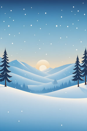 Winter landscape with fir trees and snowflakes. Vector illustration.の素材