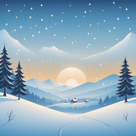Winter landscape with pine trees, mountains and snowfall. Vector illustration.の素材