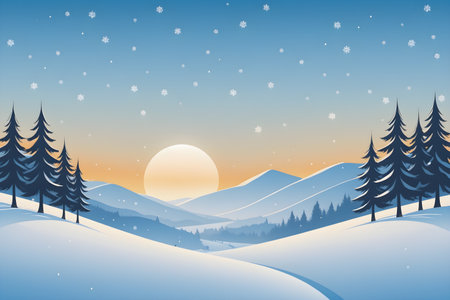 Winter landscape with fir trees and snowflakes. Vector illustration.の素材