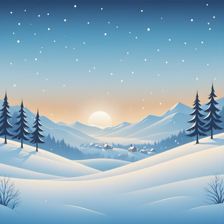 Winter landscape with mountains, trees and snowflakes. Vector illustration.の素材