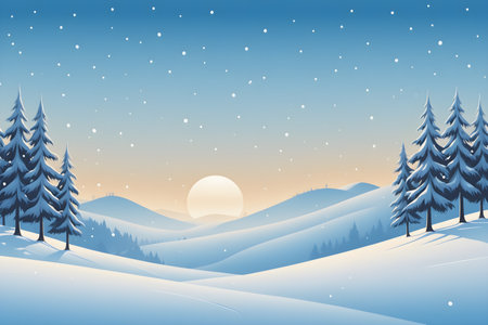 Winter landscape with fir trees and snowflakes, vector illustration.の素材