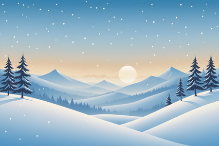 Winter landscape with fir trees, hills and snowflakes. Vector illustration.の素材