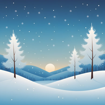 Winter landscape with trees and snowflakes. Vector illustration in flat style.の素材