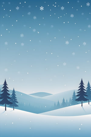 Winter landscape with fir trees and snowflakes. Vector illustration.の素材