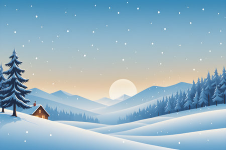 Winter landscape with pine trees and house in the mountains. Vector illustration.の素材