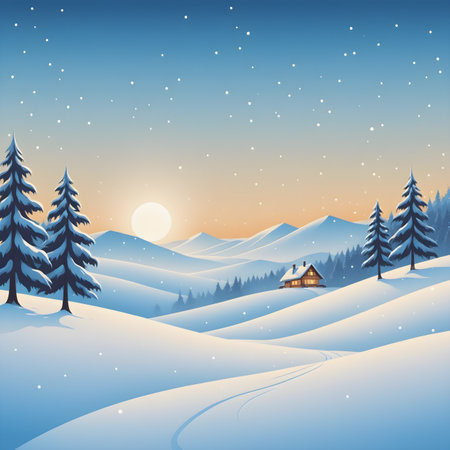 Winter landscape with fir trees and house in the mountains. Vector illustration.の素材